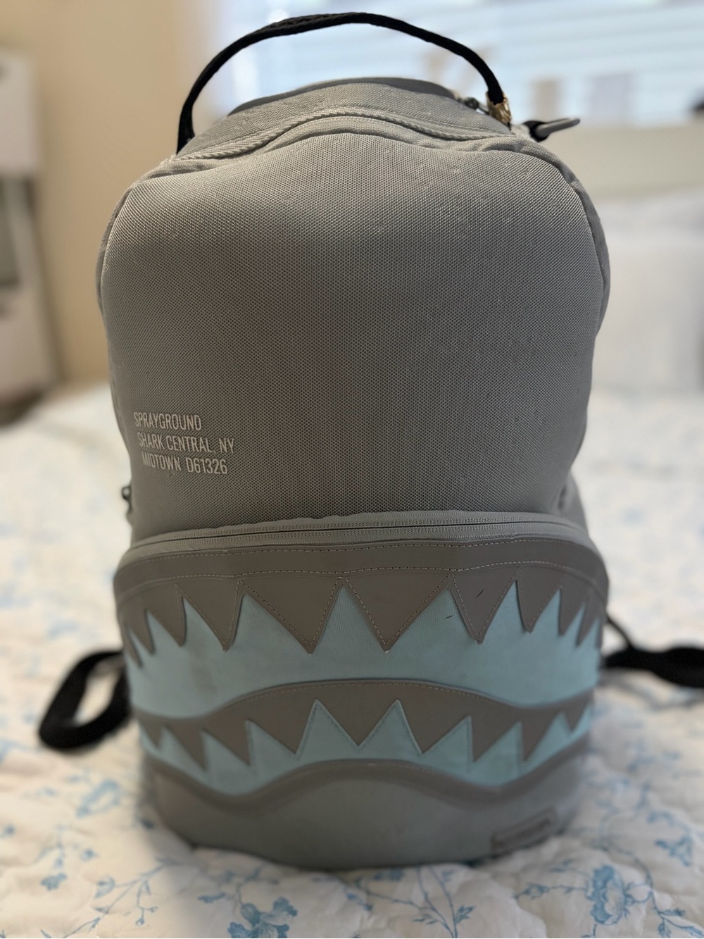Sprayground Gray Shark Accent Backpack - Light Blue Detail